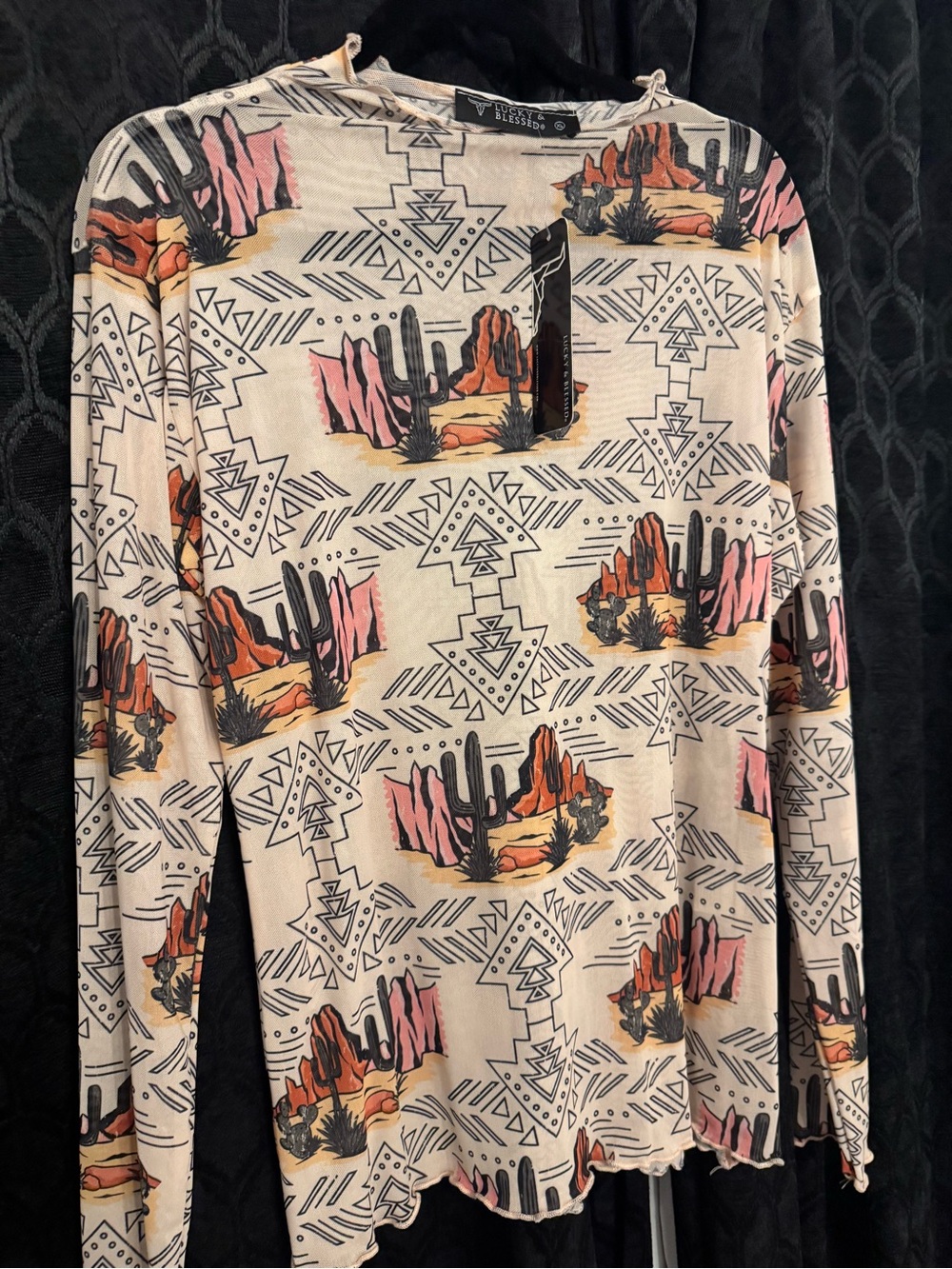 Lucky & Blessed Mesh Top with Desert Cactus Print and Pink-Orange Accents